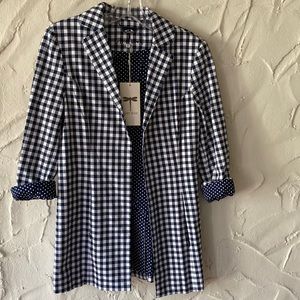 This TYLER BOE Long Cotton Blazer is Navy & White check, And a Polka Dot Lining!